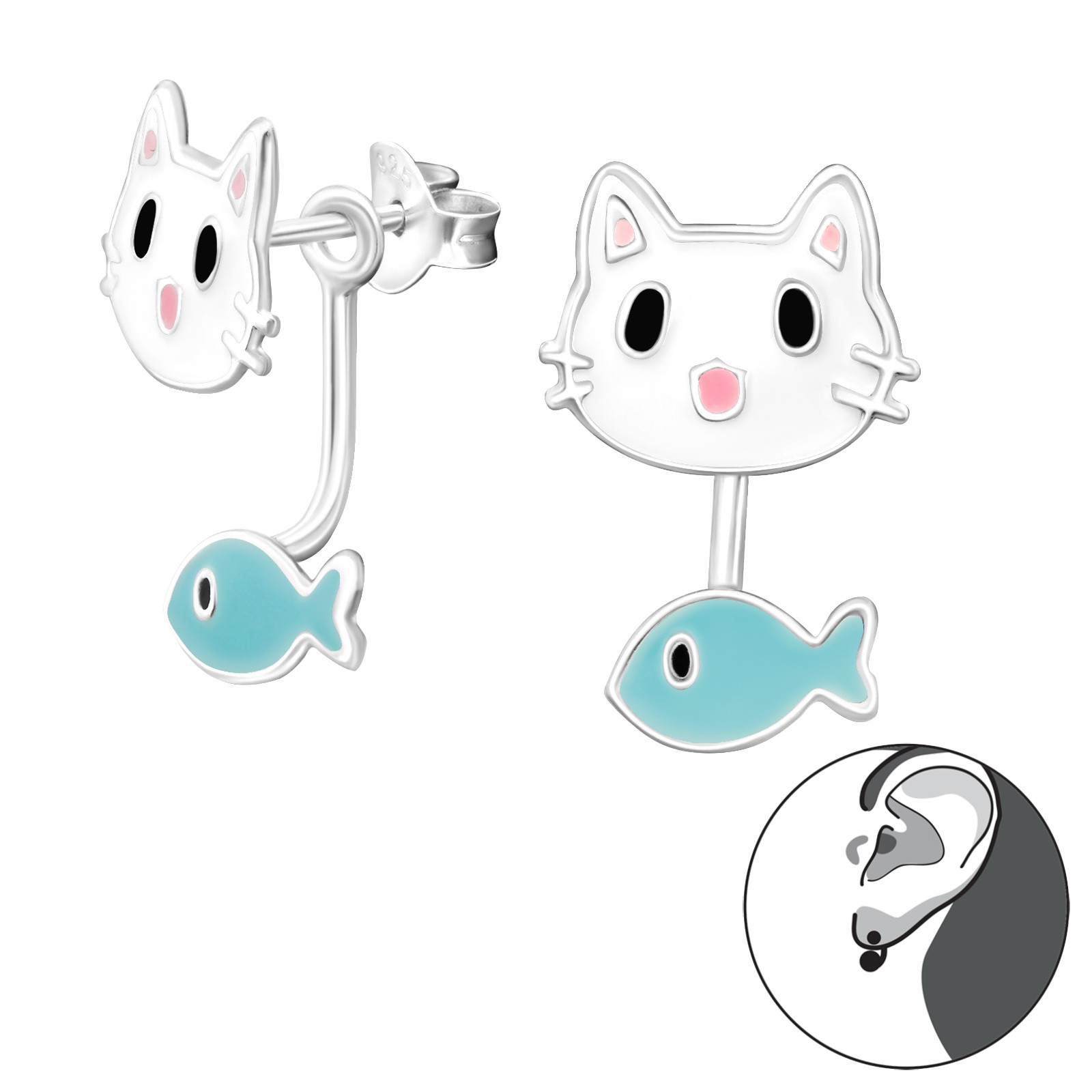 Ohrstecker Katze mit Fisch 925 Silber e-coated Ohrstecker Katze mit Fisch 925 Silber e-coated