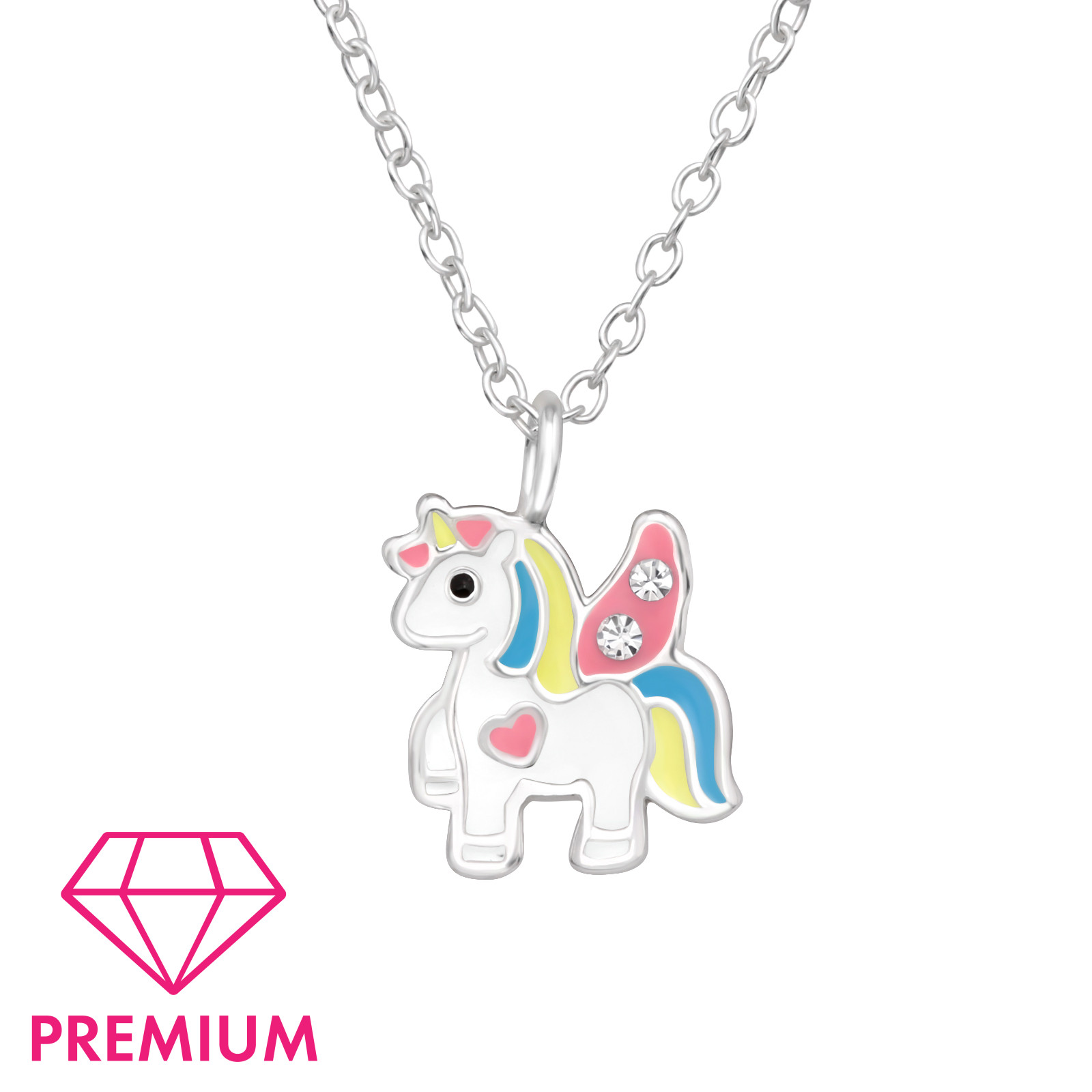 Kette Einhorn PREMIUM mit Kristallen 925 Silber e-coated 