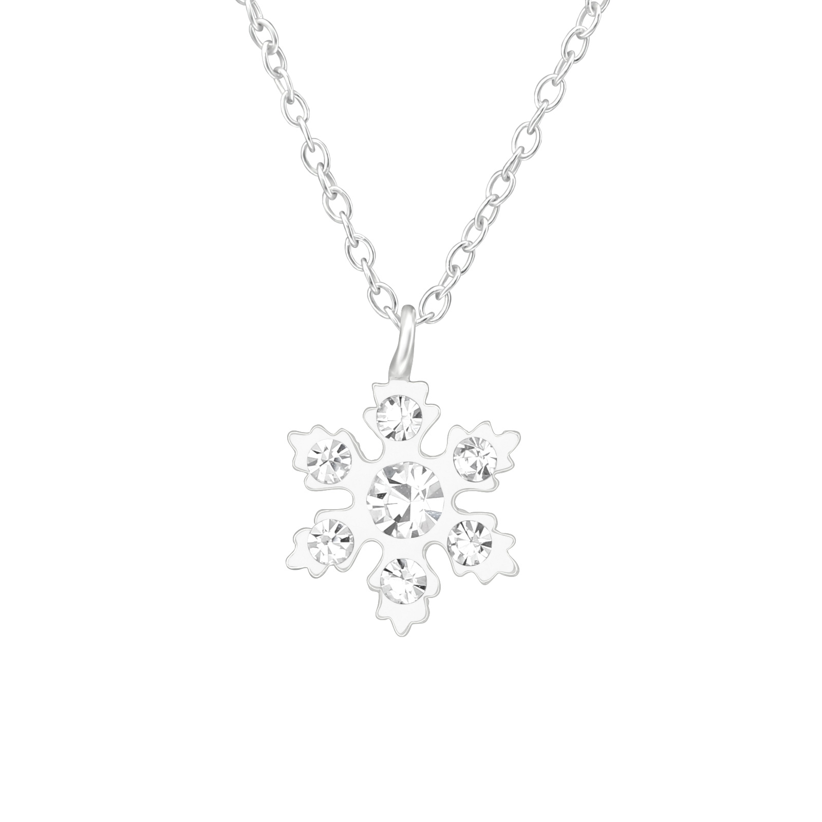 Kette Schneeflocke weiß mit 7 Glitzersteinchen 925 Silber e-coated