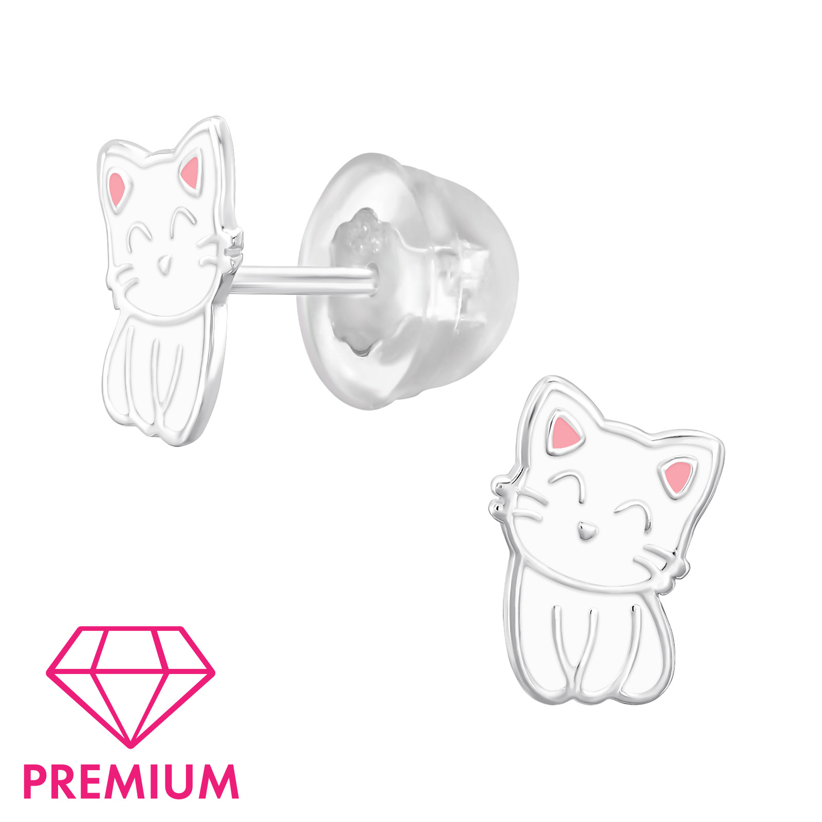12402 Ohrstecker Katze weiß/rosa PREMIUM  925 Silber  e-coated