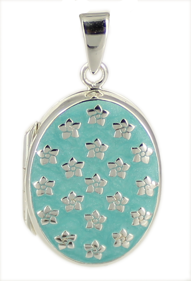 Anhänger Medaillon Blümchen  baby-bleue oval 925 Silber