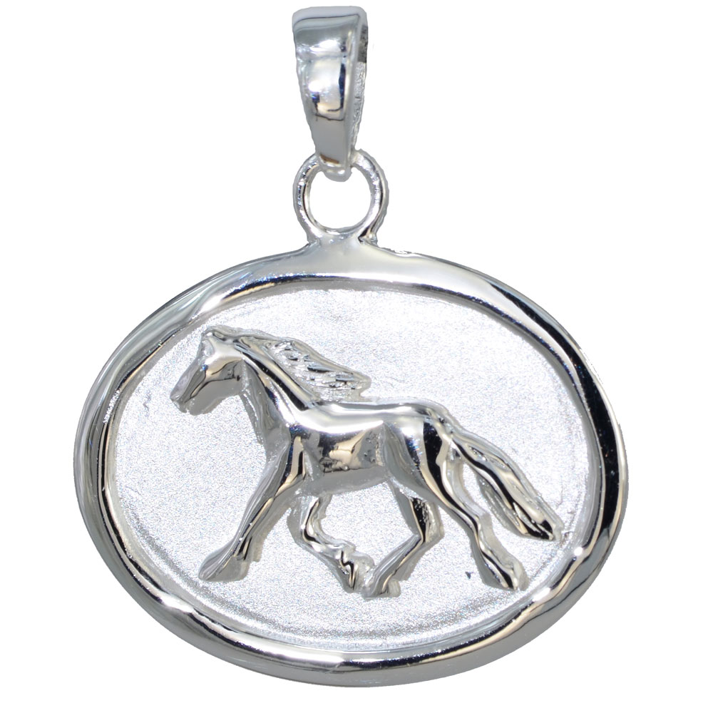 Anhänger laufendes Pferd auf ovaler Silberplatte 925 Silber