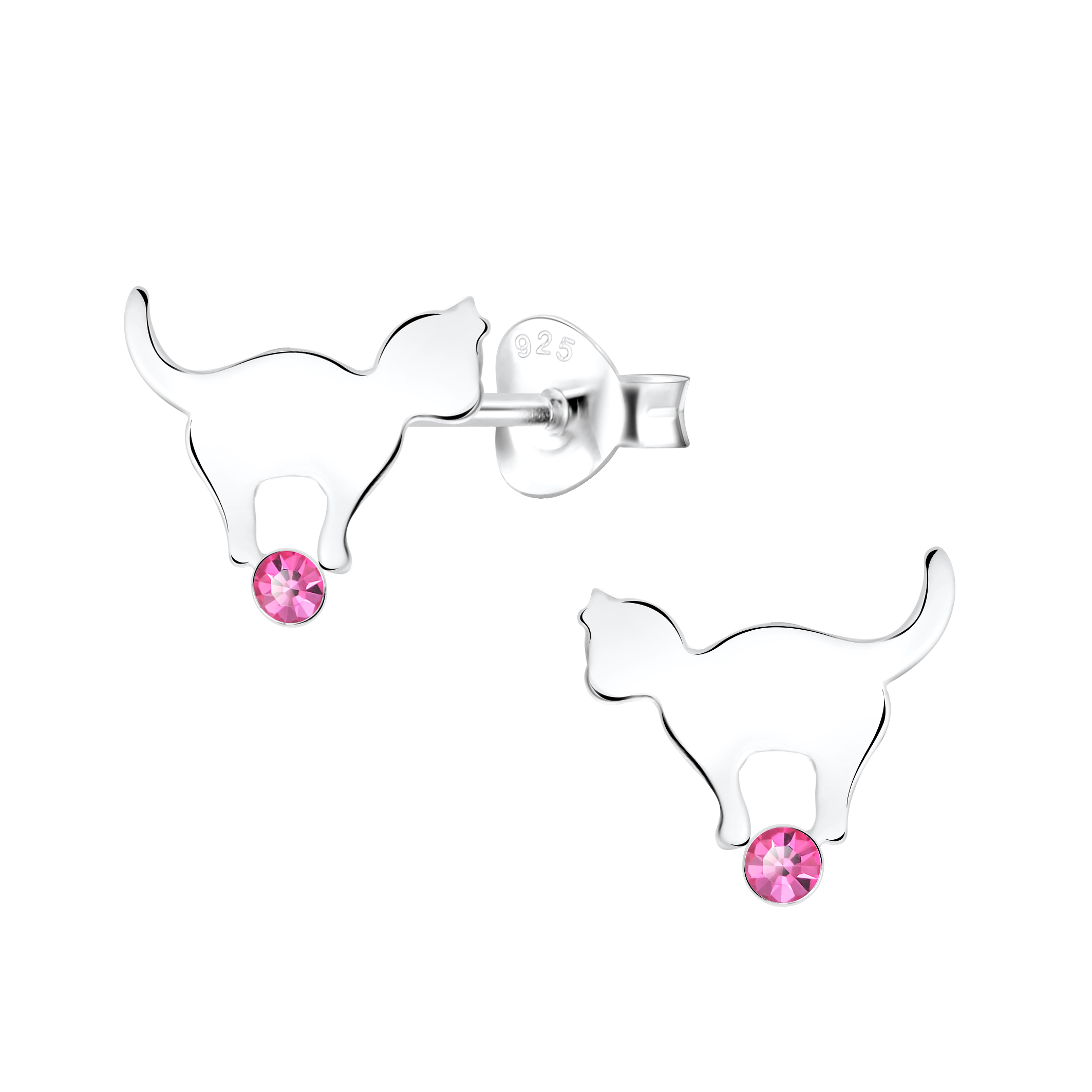 Ohrstecker Katze auf rosa Kristall 925 Silber e-coated