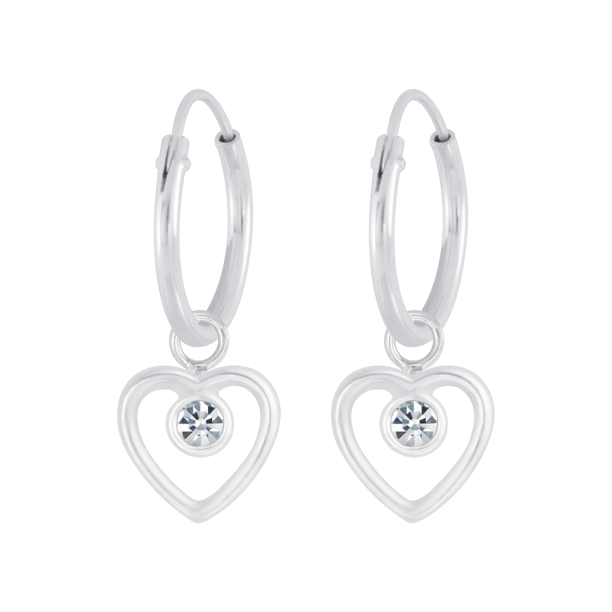 Creole 12 mm weißer Kristall Herz Einhänger 6 mm 925 Silber e-coated