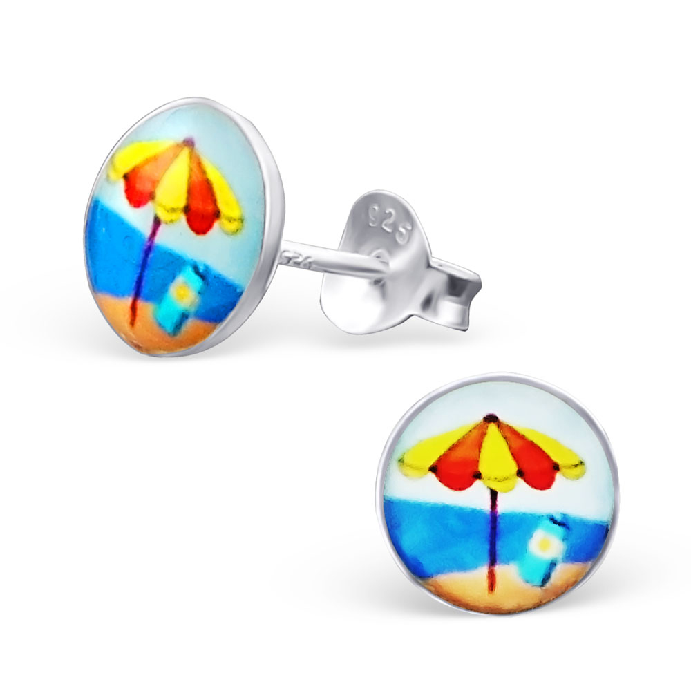 Ohrstecker Button mit Sonnenschirm am Meer 925 Silber Ohrstecker Button mit Sonnenschirm am Meer 925 Silber