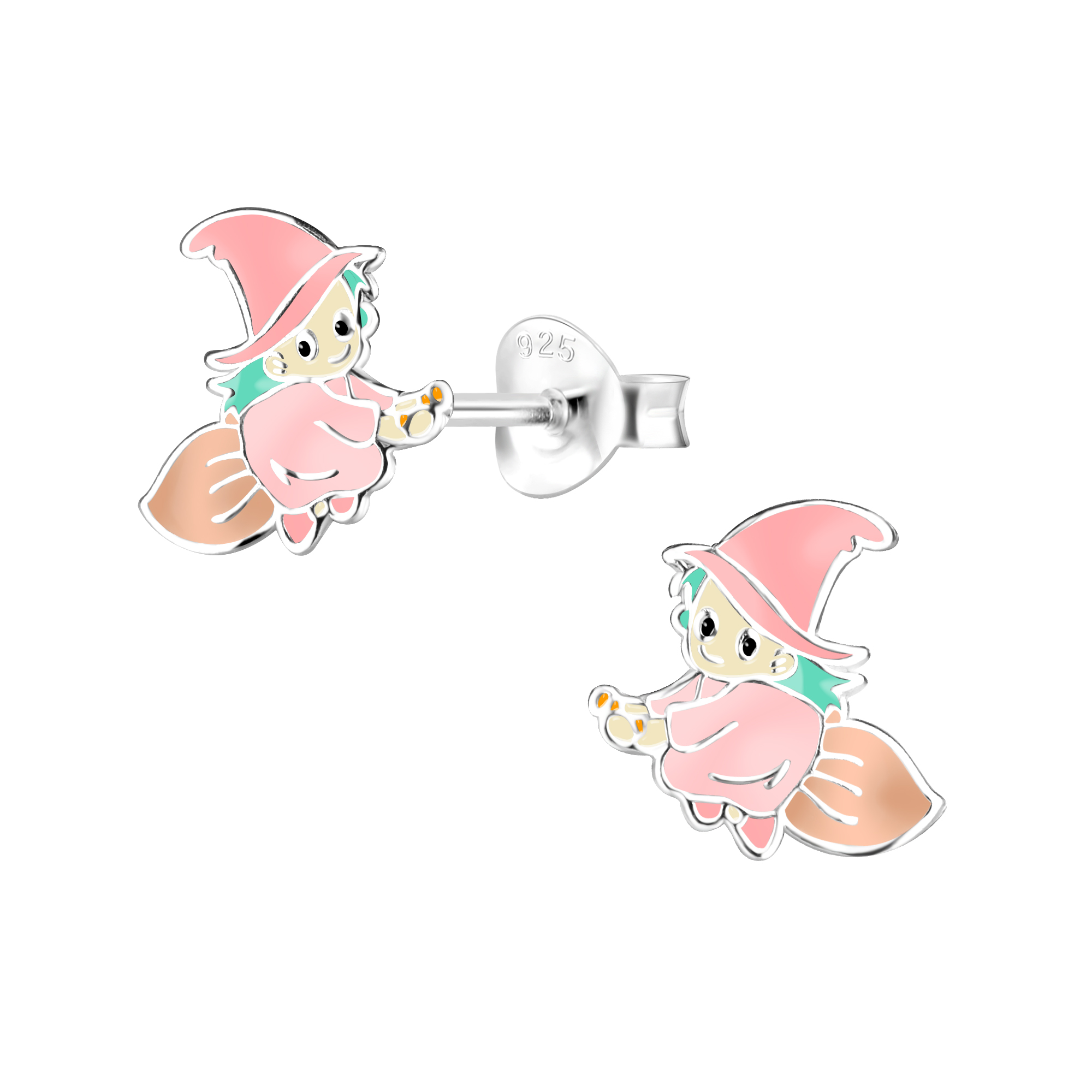 Ohrstecker Hexe rosa auf Besen 925 Silber e-coated