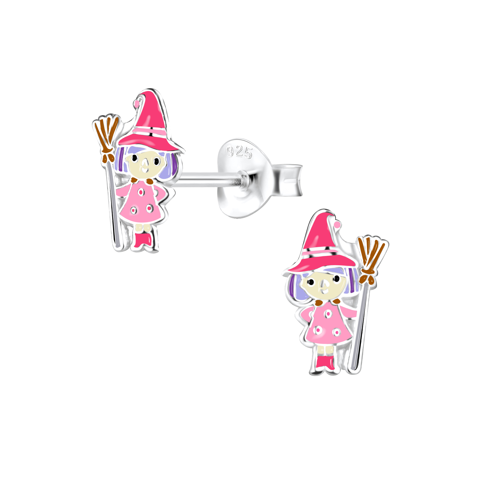 Ohrstecker rosa Hexe mit Besen 925 Silber e-coated