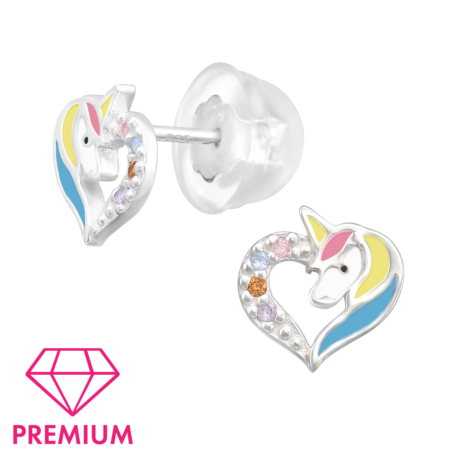 Ohrstecker Einhorn im Herz mit Glitzersteinchen PREMIUM 925 Silber e-coated Ohrstecker Einhorn im Herz mit Glitzersteinchen PREMIUM 925 Silber e-coated