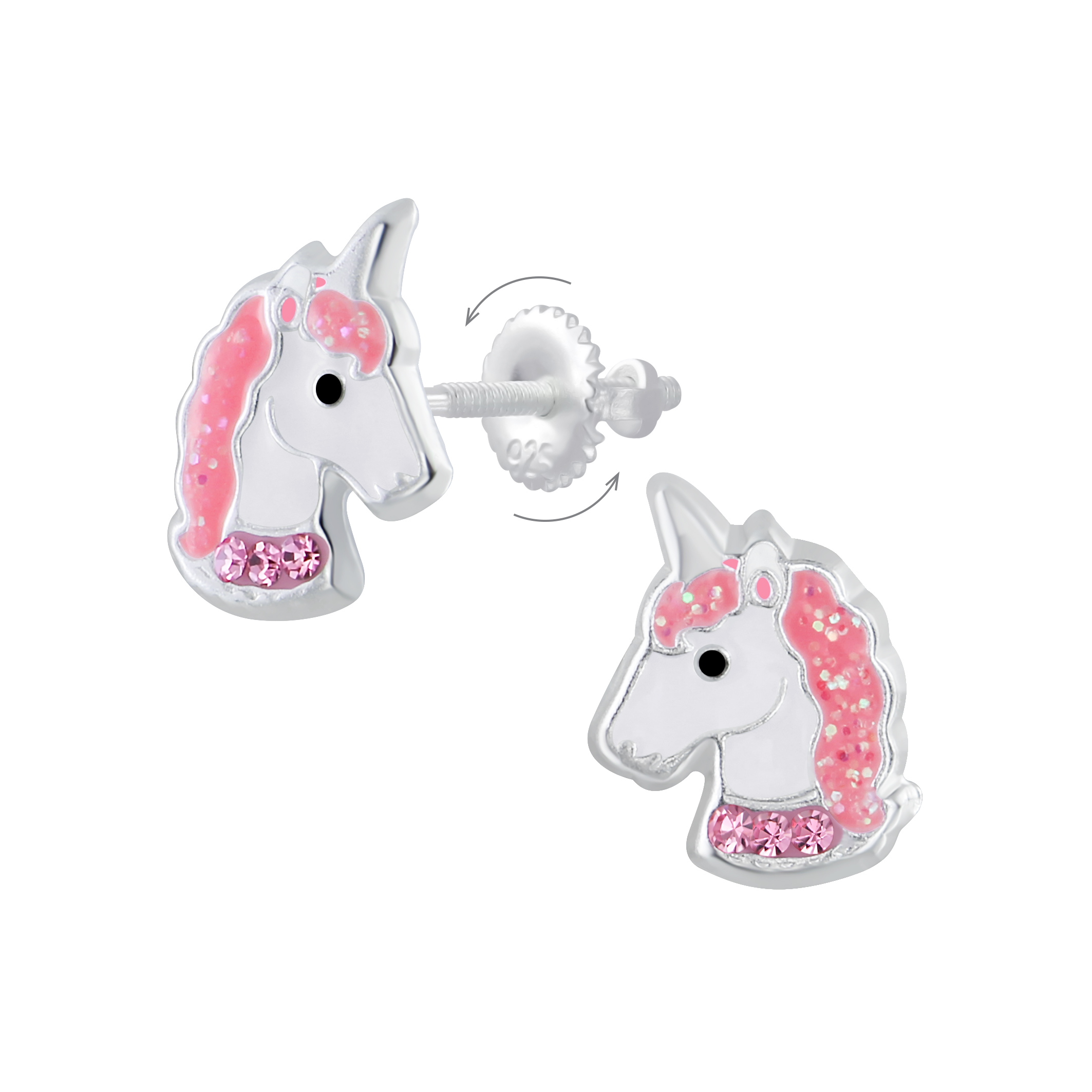 Ohrstecker Einhorn Büste mit Kristallen und Drehverschluss 925 Silber e-coated Ohrstecker Einhorn Büste mit Kristallen und Drehverschluss 925 Silber e-coated