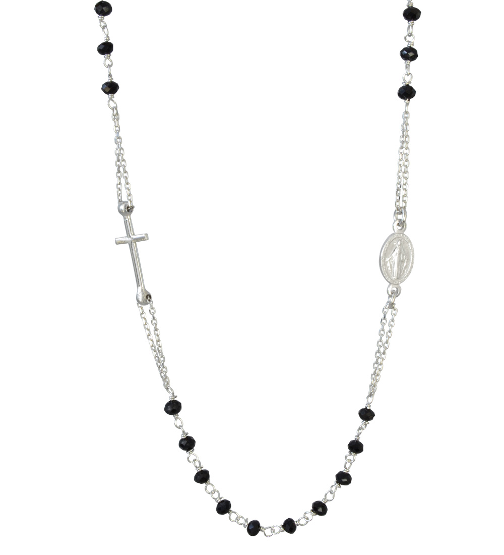 Kette Heiligenbild mit Kreuz und schwarzen Perlen 925 Silber rhodiniert 49 cm Kette Heiligenbild mit Kreuz und schwarzen Perlen 925 Silber rhodiniert 49 cm