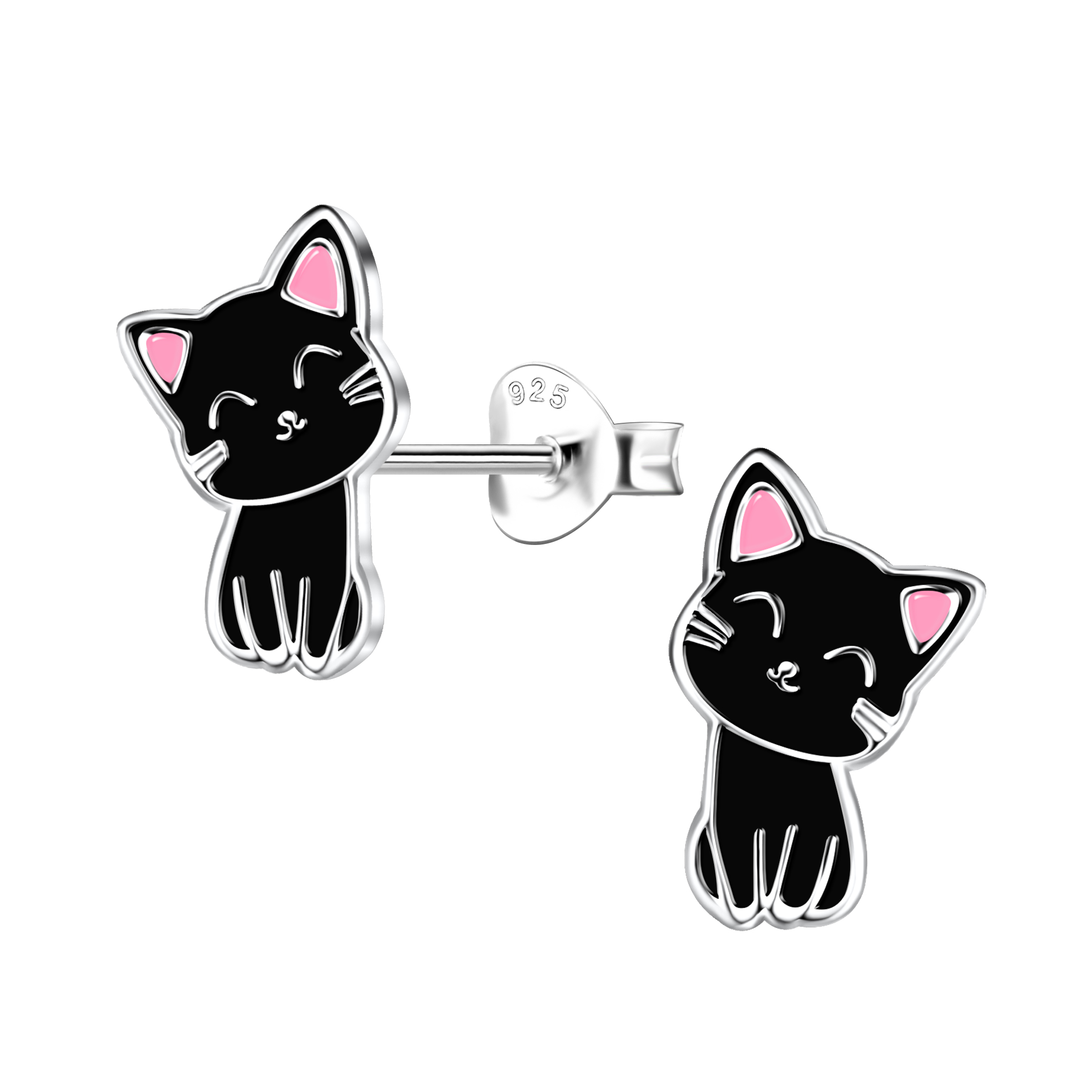 12681 Ohrstecker Katze schwarz/rosa 925 Silber e-coated
