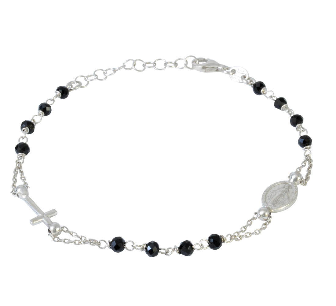 Armband Heiligenbild mit Kreuz u. schwarzen Perlen 925 Silber rhodiniert 18 cm + 3 cm Verl.