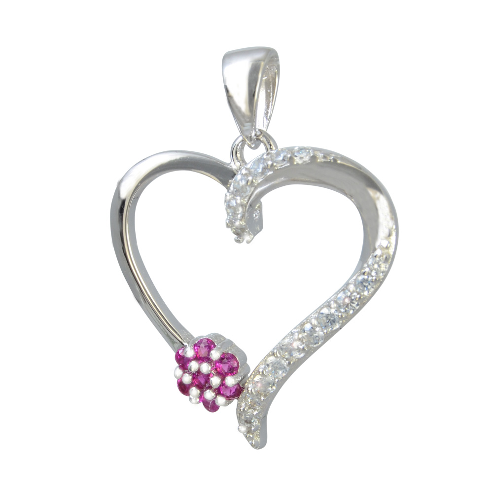 Anhänger Herz mit pink Blüte und Glitzer 925 Silber rhodiniert