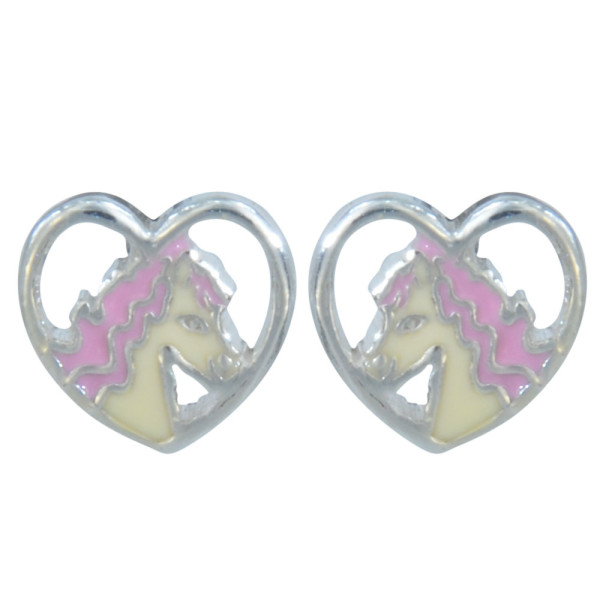 Ohrstecker Pferdekopf weiß/rosa im Herz 925 Silber