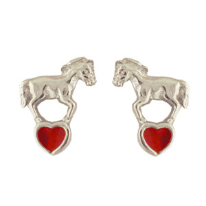Ohrstecker Pferd auf rotem Herz 925 Silber e-coated