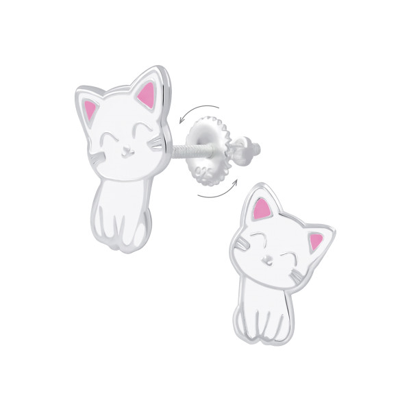 Ohrstecker Katze weiß/rosa 925 Silber Drehverschluss